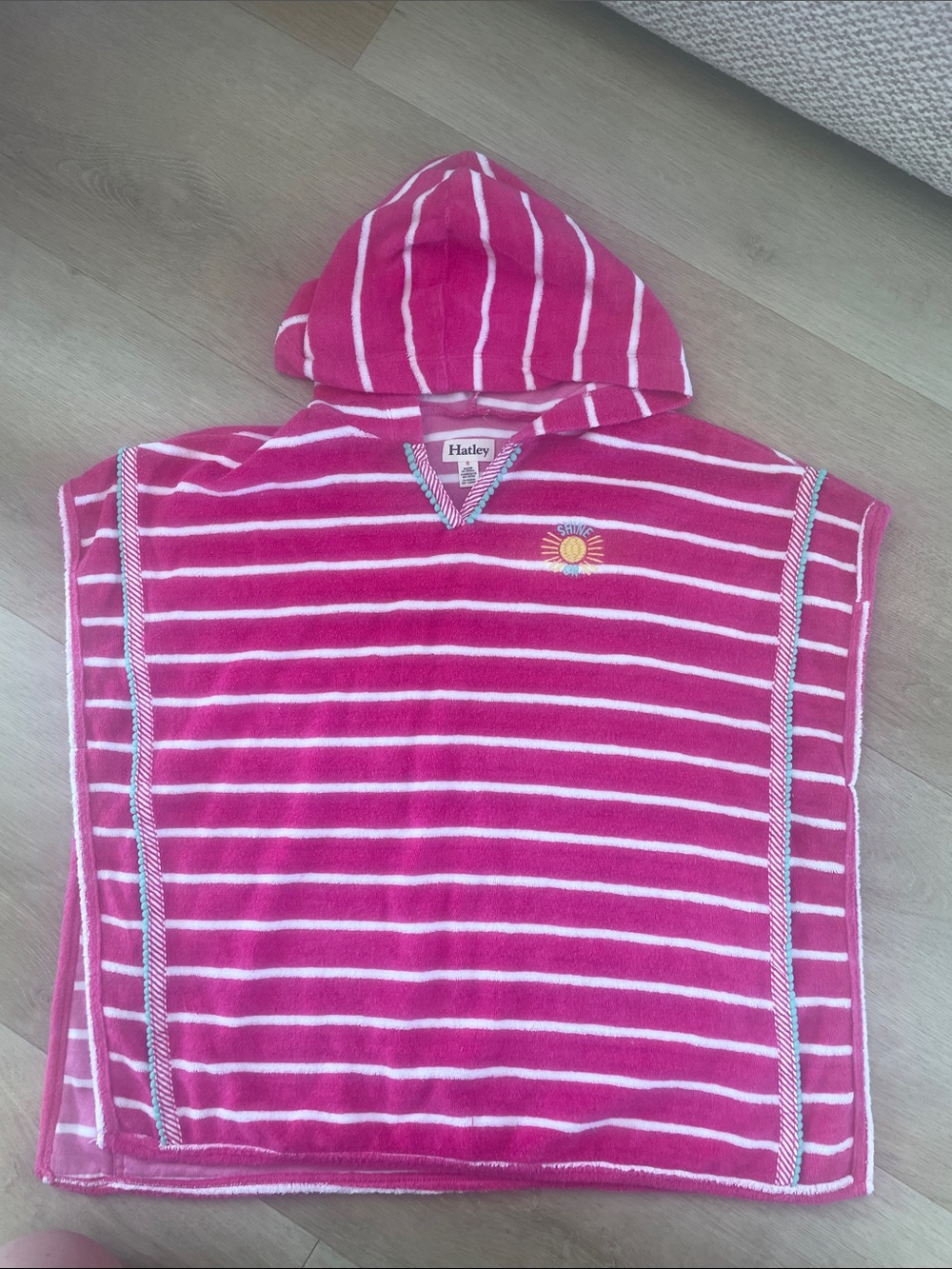 Hatley Hot Pink & White Striped Hooded Poncho with Sun Embroidery
